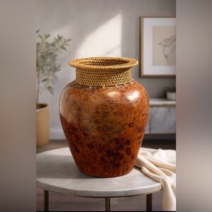 Late 20th Century Glazed Clay Pottery Vase With Hand-Woven Rattan Rim